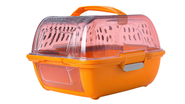 Isolated orange and black plastic construction toolbox with handle on a white background