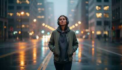 Woman with headphones walks on a rainy city street at night with buildings and lights blurred behind her