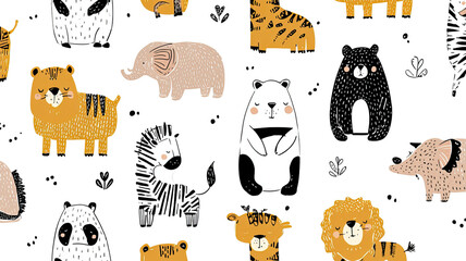 Naklejka premium Seamless vector cartoon pattern with cute baby zoo animals: lion, giraffe, elephant, tiger, and zebra set illustration for jungle safari collection drawing
