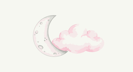 Fototapeta premium A charming watercolor illustration features a soft pink cloud nestled beside a gentle crescent moon, perfect for serene nursery decor or dreamy children's designs.