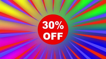 Red illuminated 30 percent off discount sale banner on a coloring background display design 30 percent off red sticker label animation isolated on solid background for sale promo.