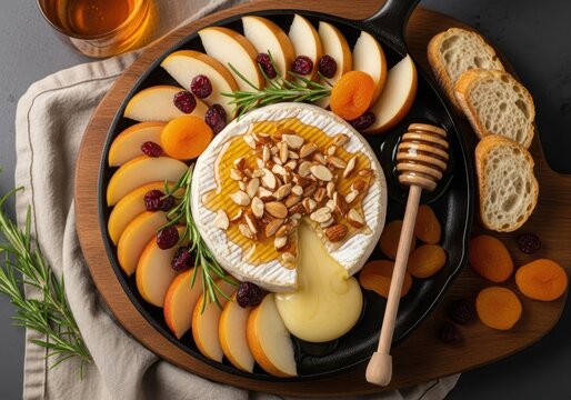 Gourmet baked brie cheese board with sliced pears dried apricots nuts and honey dipper