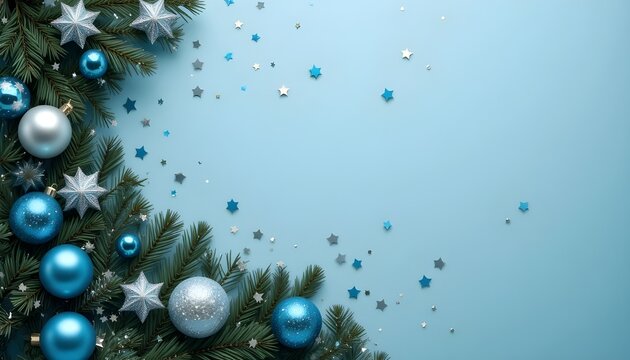 Christmas corner composition with pine, silver and blue ornaments, star confetti on blue festive background
