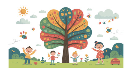 Joyful Moments in the Playful Park: A charming illustration capturing the carefree spirit of children playing outdoors on a bright day.