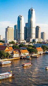 Bangkok river view with temple roofs, skyscrapers, and tourist boats