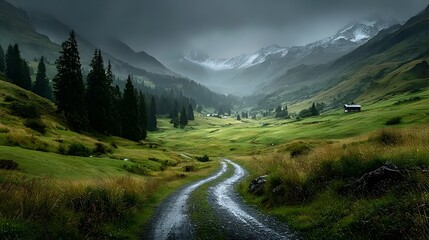 A winding dirt road curves through a lush green valley under dark, misty mountains.