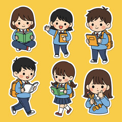 Cute kawaii student sticker set with children studying, reading, writing, and carrying backpacks. Ideal for school graphics, planners, and educational sticker collections