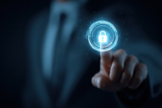 Businessman engaging in cybersecurity efforts by pressing a digital lock icon in a dark environment to enhance data protection and secure online transactions