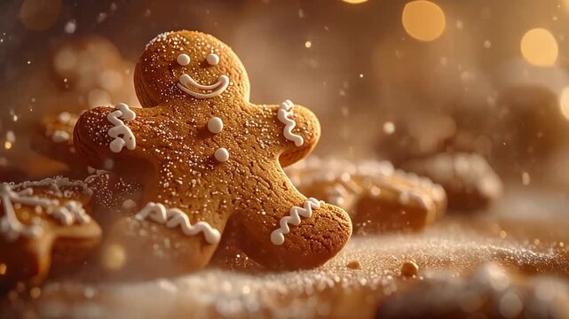 Gingerbread Man Delight: A charming gingerbread man with a joyful expression sits amidst a collection of freshly baked cookies, invoking the warmth and magic of the season. 