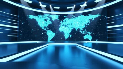 Dynamic news studio set with global map backdrop creates a modern and professional atmosphere perfect for international broadcasts and announcements