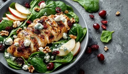 Grilled chicken breast served on a bed of fresh spinach, garnished with apple slices, walnuts, and cranberries, showcasing a vibrant and healthy meal presentation