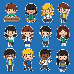 Cute kawaii student sticker set with children studying, reading, writing, and carrying backpacks. Ideal for school graphics, planners, and educational sticker collections