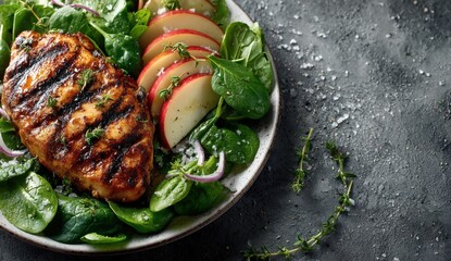 Grilled chicken breast served on a plate with fresh spinach, sliced apples, and red onions, garnished with herbs, showcasing a healthy and appetizing meal presentation