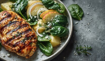Grilled chicken breast served on a plate with fresh spinach, sliced apples, and onions, garnished with herbs, showcasing a healthy and appetizing meal presentation