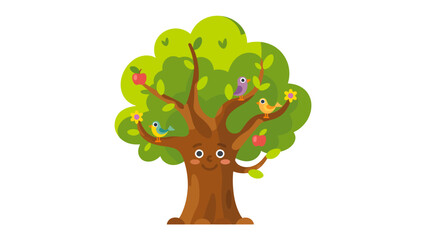A Smiling Tree and Colorful Bird: An endearing cartoon illustration of a cheerful tree, adorned with vibrant flowers, juicy fruits, and perching birds. This image represents joy and nature.