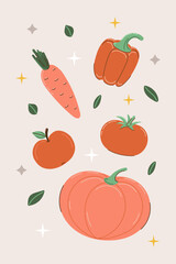 Vertical interior poster with red vegetables and twinkling stars. Carrot, bell pepper, apple, tomato, pumpkin on gray background. Food postcard in doodle style. Vector illustration. Simple wall art