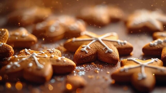 Gingerbread Star Delight: Delicate gingerbread stars, adorned with intricate white icing, offer a taste of festive cheer against a warm, inviting backdrop, evoking the spirit of the season.