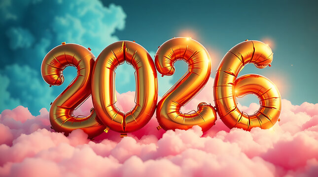 Celebrate 2026 New Year with golden balloons floating in dreamy clouds