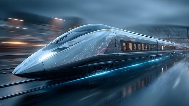 A futuristic high-speed train speeds along wet tracks at night through a modern city.