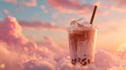 Iced Drink with Tasty Bubbles Against a Dreamy Sunset Sky with Fluffy Clouds