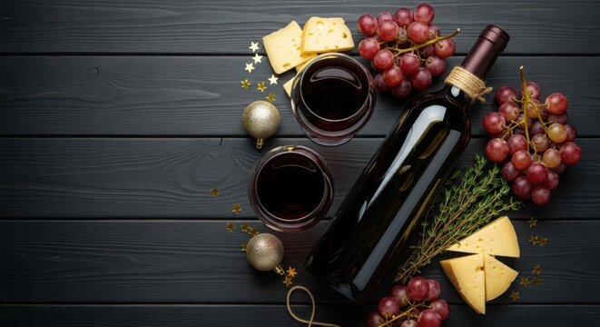 Elegant overhead view of a bottle of red wine with two glasses cheese and grapes on a dark wooden table