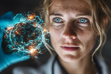 A gloved hand holds a glowing, futuristic sphere of interconnected nodes.