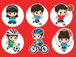 Kawaii sporty people sticker set with characters exercising, running, stretching, and playing games. Ideal for fitness journals, planners, and cute active lifestyle collections