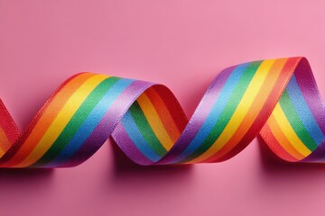 Colorful ribbon with vibrant rainbow stripes elegantly twisted against a soft pink background, symbolizing diversity, inclusion, and celebration of LGBTQ+ pride and community spirit