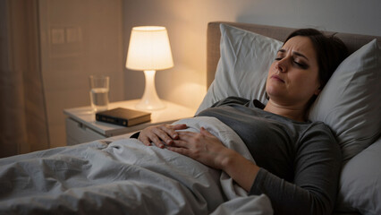 Woman lying in bed suffering from insomnia. Female struggling to sleep at night due to stress, anxiety or sleep disorder. Sleep problem concept.