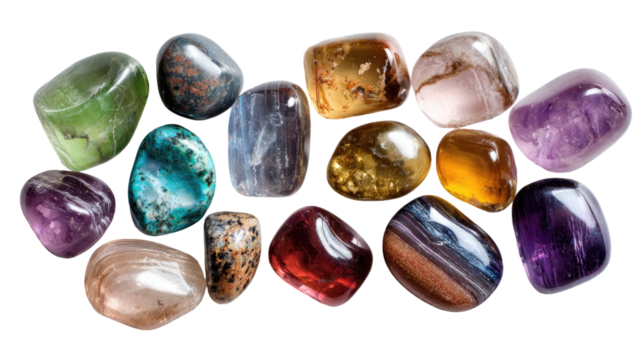 Colorful mixed gemstones, crystals, and beads isolated on a white background for jewelry and decoration