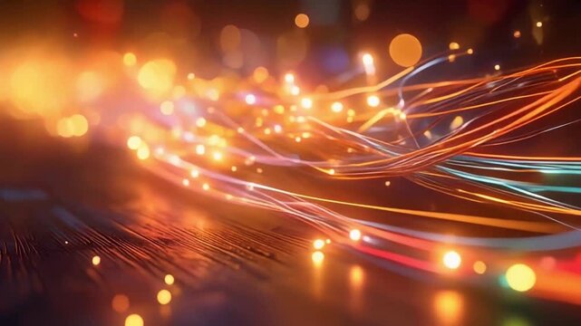 Fiber Optic Lines Abstract:  A vibrant, close-up view of a network of illuminated fiber optic lines, radiating with a spectrum of warm colors. Emphasizing the intricacies of communication.