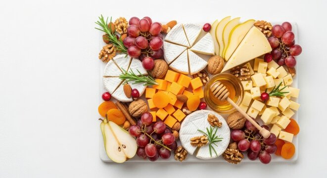 Gourmet cheese and fruit platter featuring assorted cheeses grapes nuts dried apricots and honey on white background