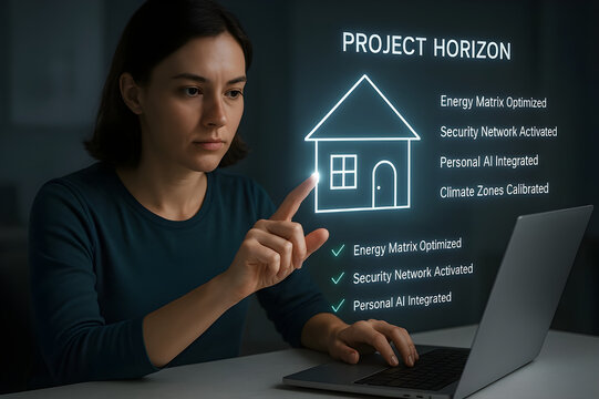Innovating home automation with AI, a woman manages smart home features for energy efficiency and security using a laptop for seamless control