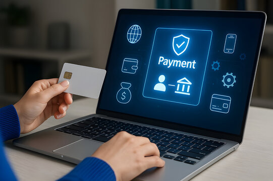 Effortless online payments with secure digital banking and credit card convenience on a laptop for easy financial transactions and modern lifestyle - Powered by Adobe