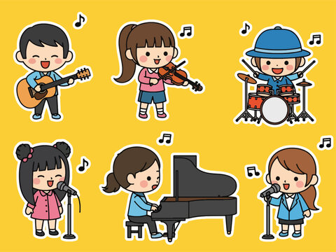 Cute kawaii musicians sticker set including guitar, piano, drums, violin, and singing characters. Perfect for music lovers, planners, and creative sticker themes