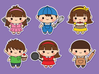 Kawaii chef and baker sticker set with character cooking, whisking, icing cakes, and holding utensils. Ideal for recipe planners, cooking themes, and cute sticker collections