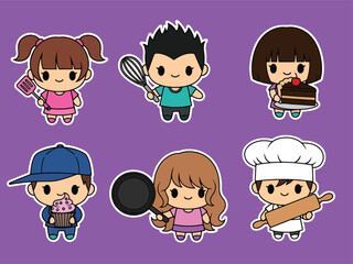Kawaii chef and baker sticker set with character cooking, whisking, icing cakes, and holding utensils. Ideal for recipe planners, cooking themes, and cute sticker collections
