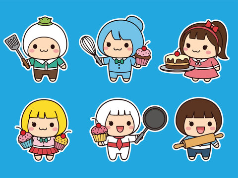 Kawaii chef and baker sticker set with character cooking, whisking, icing cakes, and holding utensils. Ideal for recipe planners, cooking themes, and cute sticker collections