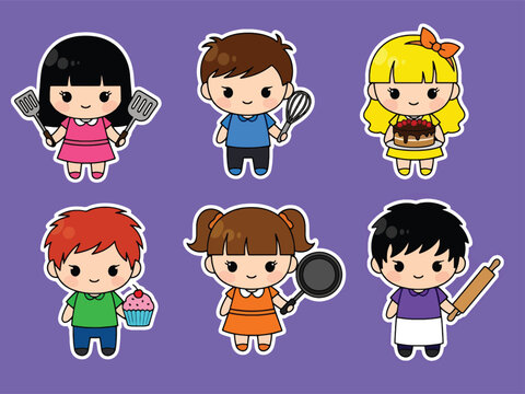 Kawaii chef and baker sticker set with character cooking, whisking, icing cakes, and holding utensils. Ideal for recipe planners, cooking themes, and cute sticker collections