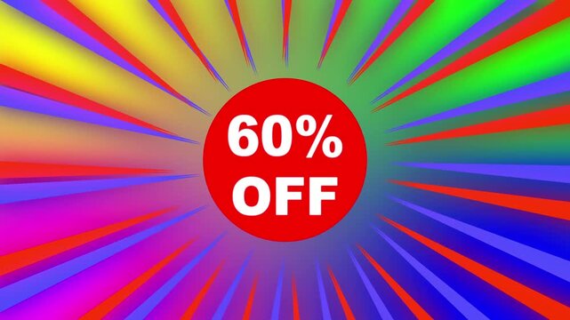 Red illuminated 60 percent off discount sale banner on a coloring background display design 60percent off red sticker label animation isolated on solid background for sale promo.