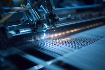 A high-speed industrial loom weaves fine threads in a modern textile factory.
