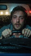 A man driving a car with a tired and worried expression on a rainy night. Night driving in bad weather conditions.