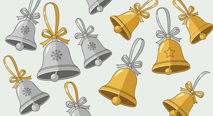 Festive Bells Pattern: Silver and Gold Holiday Decorations.
