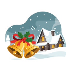 Festive Christmas Bells with Holly and Winter House Scene.