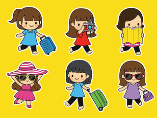 Cute kawaii traveler sticker set with suitcases, maps, cameras, and passports. Ideal for travel diaries, planning apps, and adventure-themed sticker collections
