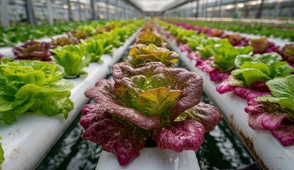 Vibrant green and red lettuce varieties growing in a hydroponic greenhouse, showcasing healthy plants in rows, emphasizing sustainable agriculture and modern farming techniques