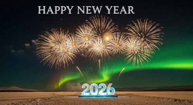 Spectacular new year s eve fireworks display illuminating the night sky above the aurora borealis with the year 2026 glowing brightly - Powered by Adobe