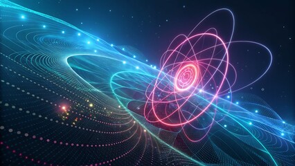 Abstract digital visualization of glowing neon particle streams and complex orbital paths representing quantum physics, atomic structure, or futuristic data flow in deep space