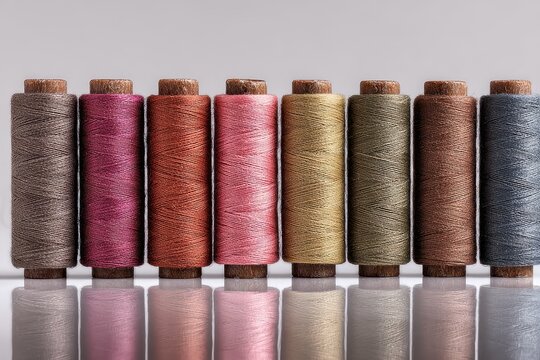 Colorful spools of sewing thread arranged in a row on a white surface under soft lighting showcasing their sheen and texture