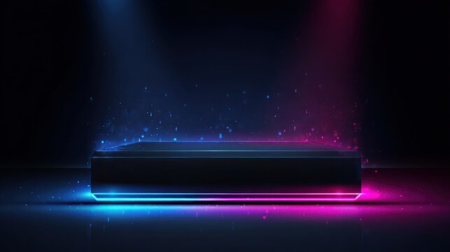 Sleek black podium with glowing neon edges in blue and magenta, cyber luxury atmosphere, floating holographic particles, tech inspired premium display - Powered by Adobe